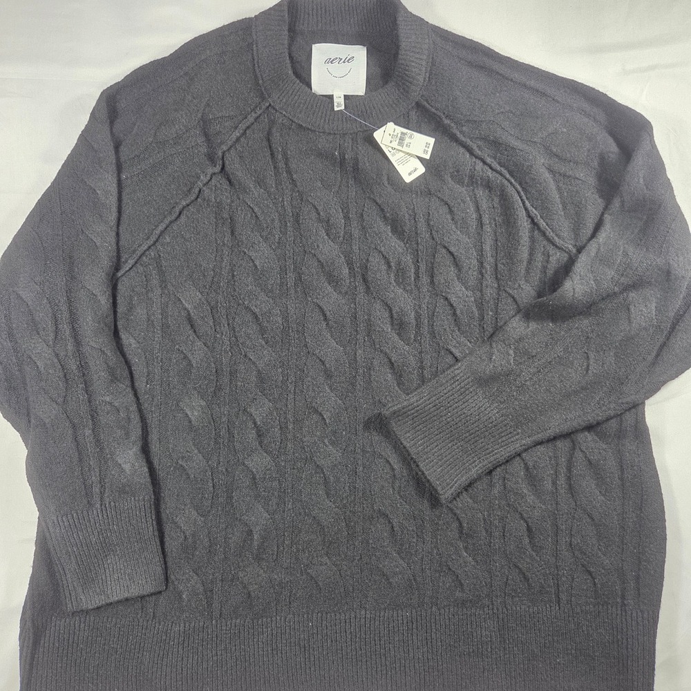 Aerie Womens Black Cable Knit Crewneck Sweater Large NWT